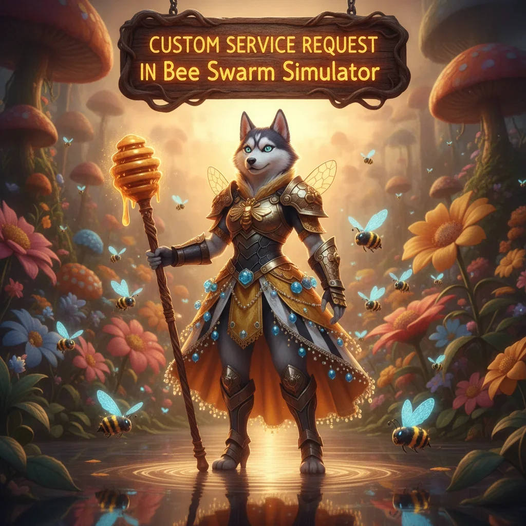 Fantasy artwork featuring an anthropomorphic Husky character, themed around custom service requests in Bee Swarm Simulator.