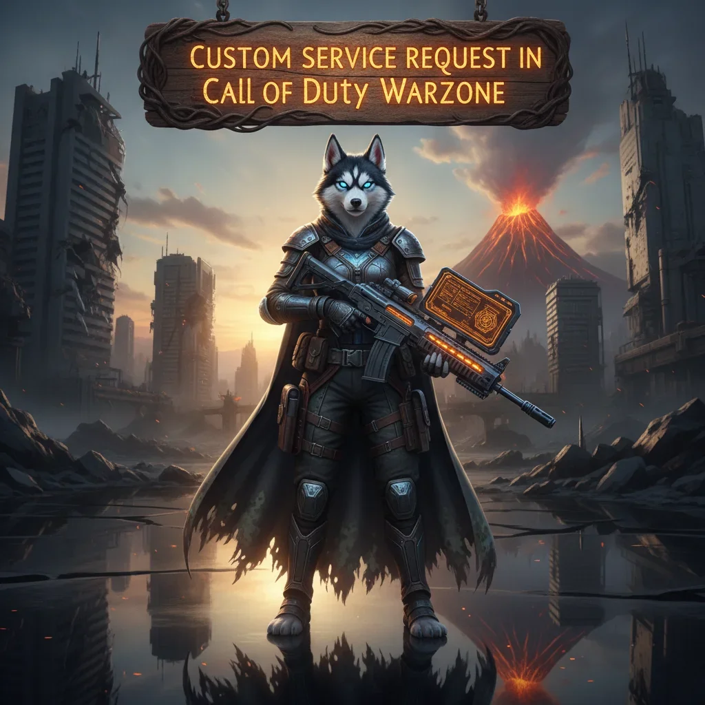 Fantasy game-inspired artwork with an anthropomorphic husky character in an armored outfit, representing custom service content in Warzone.