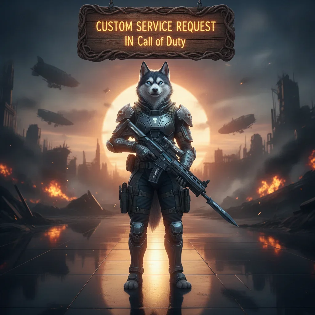 Fantasy artwork featuring an anthropomorphic Husky character, themed around custom service requests in Call of Duty.