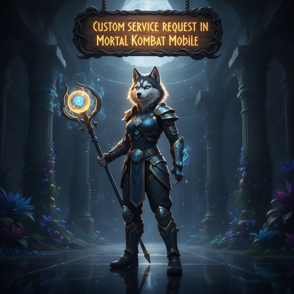 Fantasy artwork of an anthropomorphic husky in themed attire, inspired by Mortal Kombat Mobile custom service content.