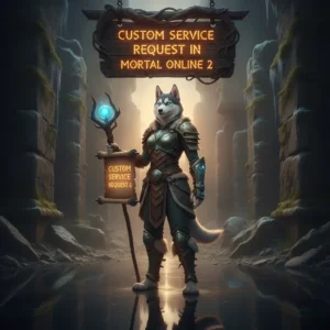 An anthropomorphic husky character in fantasy attire, against a backdrop inspired by Mortal Online 2 game environments, representing custom service.