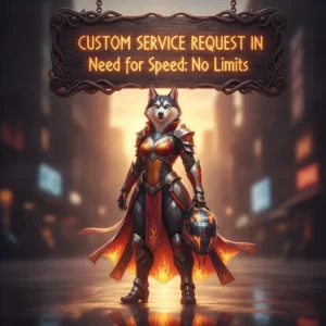 Fantasy artwork of an anthropomorphic husky in a racing-themed outfit, representing custom service content.