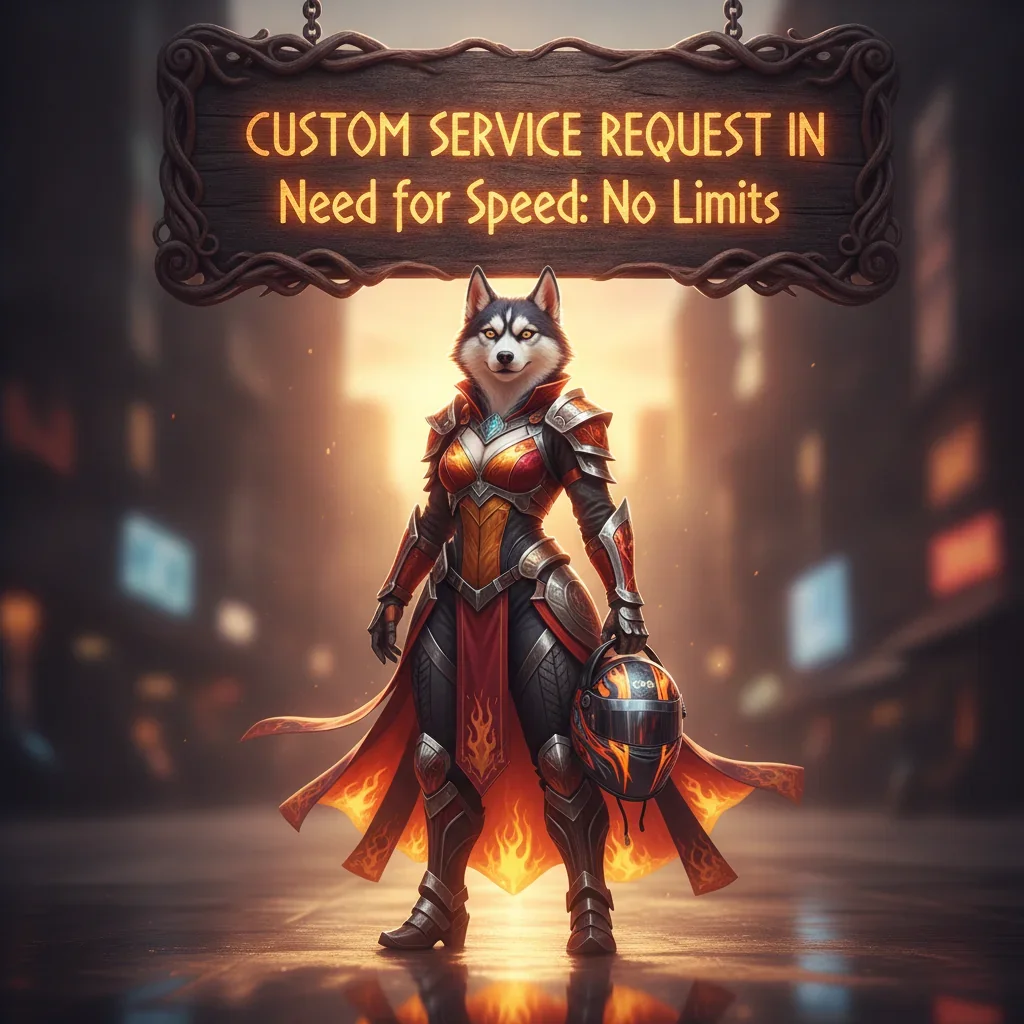 Fantasy artwork of an anthropomorphic husky in a racing-themed outfit, representing custom service content.