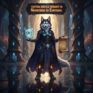 A fantasy game-inspired image featuring an anthropomorphic husky character in an ethereal, shifting environment, representing the journey from Neverness to Everness.