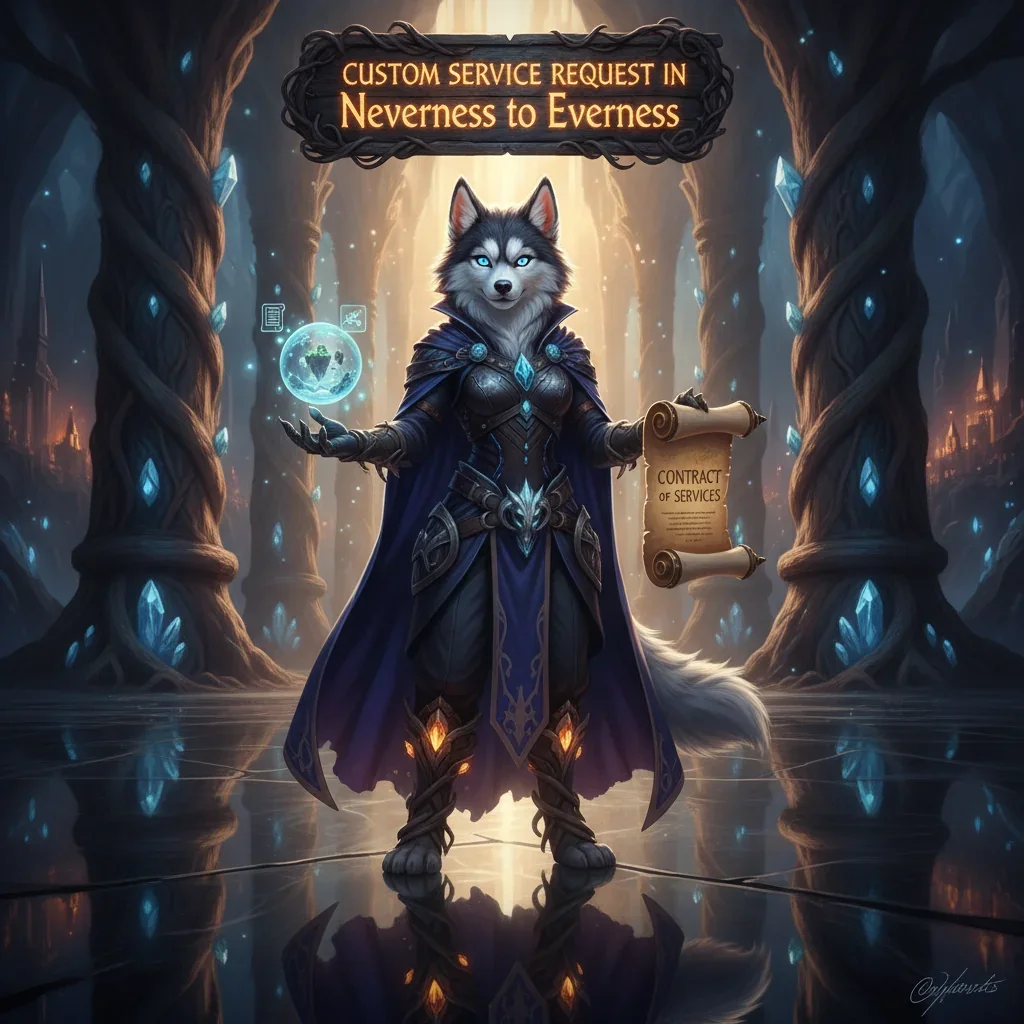 A fantasy game-inspired image featuring an anthropomorphic husky character in an ethereal, shifting environment, representing the journey from Neverness to Everness.