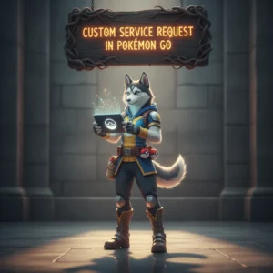 An anthropomorphic Husky character in fantasy attire, standing in a game-inspired environment related to custom service requests in Pokémon GO.