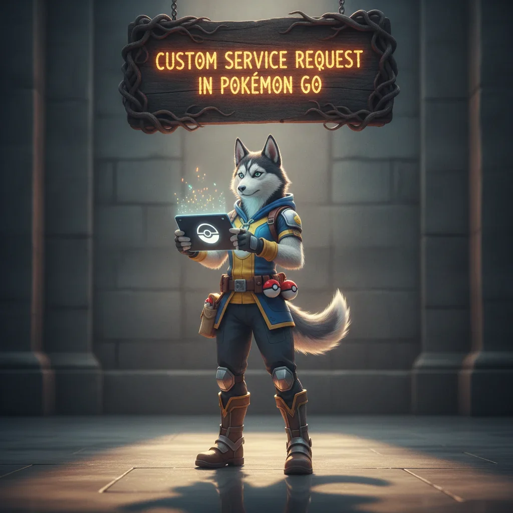 An anthropomorphic Husky character in fantasy attire, standing in a game-inspired environment related to custom service requests in Pokémon GO.