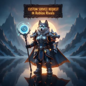 A fantasy game-inspired artwork featuring an anthropomorphic husky in themed attire, representing custom service requests in Roblox Rivals.