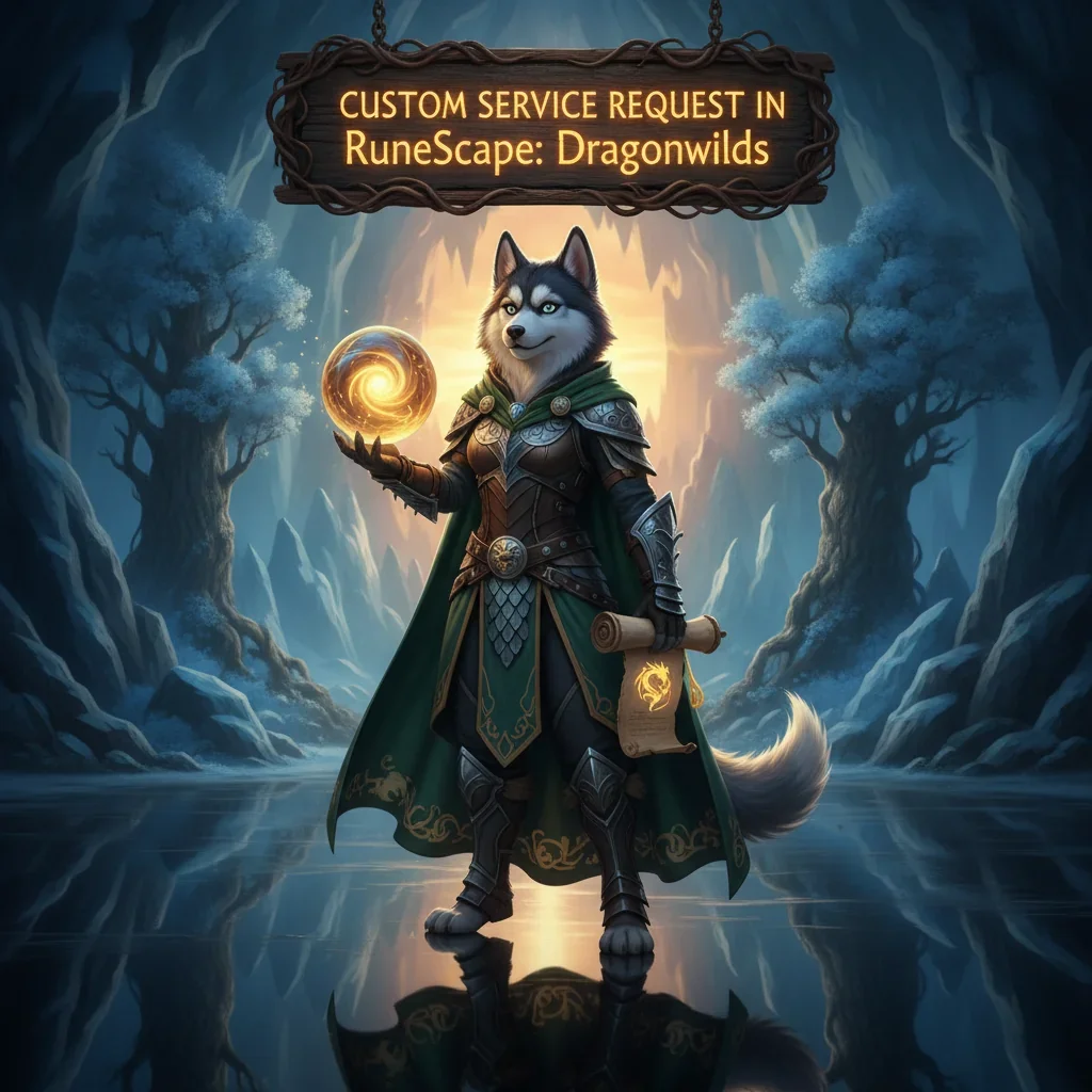 A fantasy artwork with an anthropomorphic Husky character in a game-inspired environment related to RuneScape Dragonwilds custom service content.