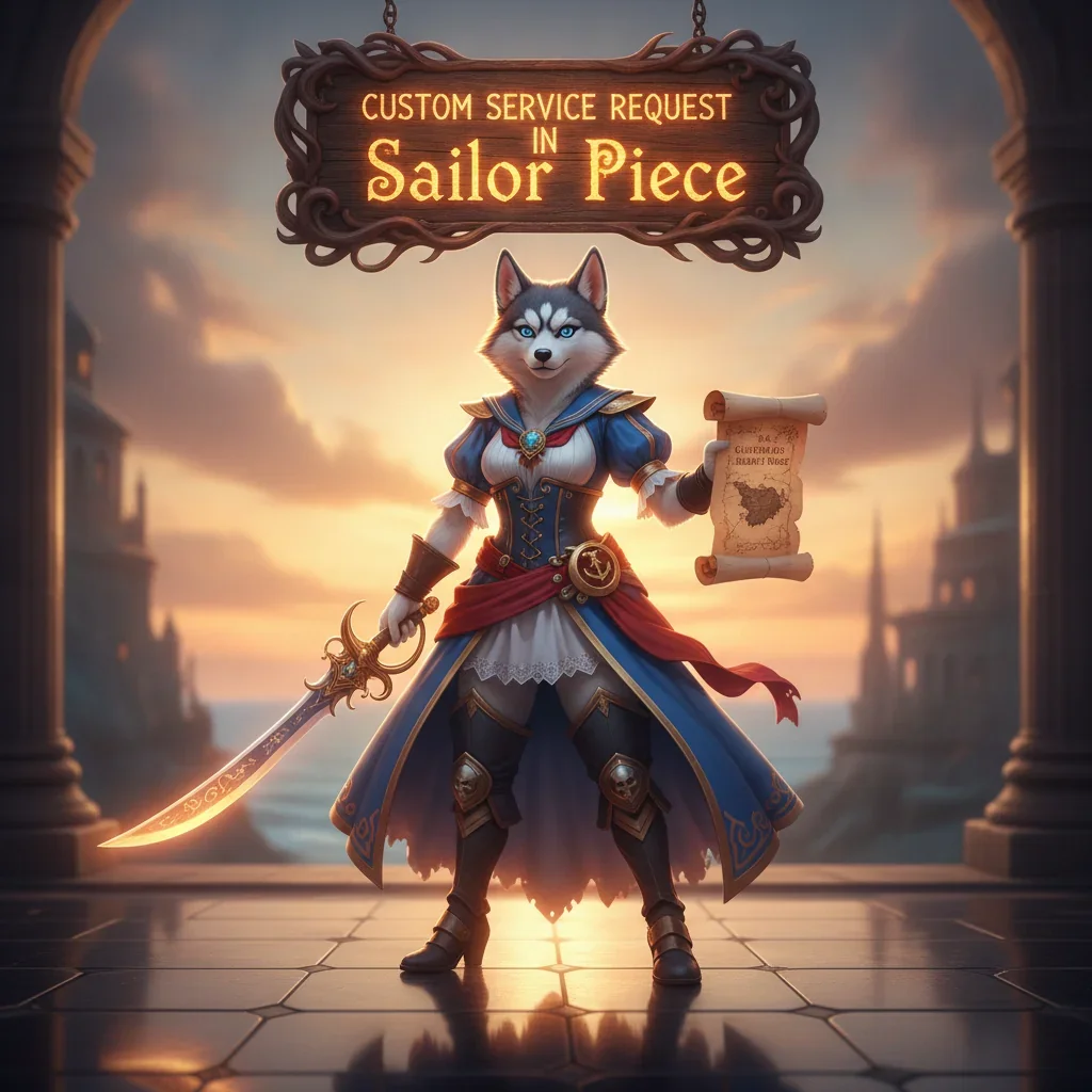 Fantasy artwork featuring an anthropomorphic Husky character, themed around custom service requests and game content.