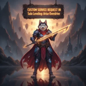 An anthropomorphic husky character in fantasy attire, themed around Solo Leveling: Arise Overdrive's custom service content and objectives.