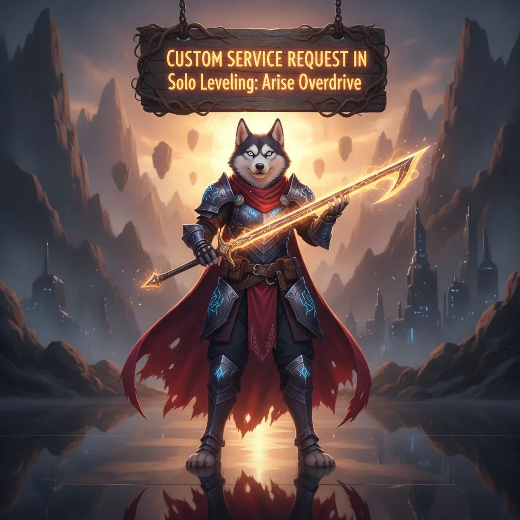 An anthropomorphic husky character in fantasy attire, themed around Solo Leveling: Arise Overdrive's custom service content and objectives.