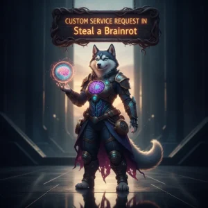 Fantasy game-inspired artwork featuring an anthropomorphic husky character in a mystical setting, themed around 'Steal a Brainrot' custom service content.