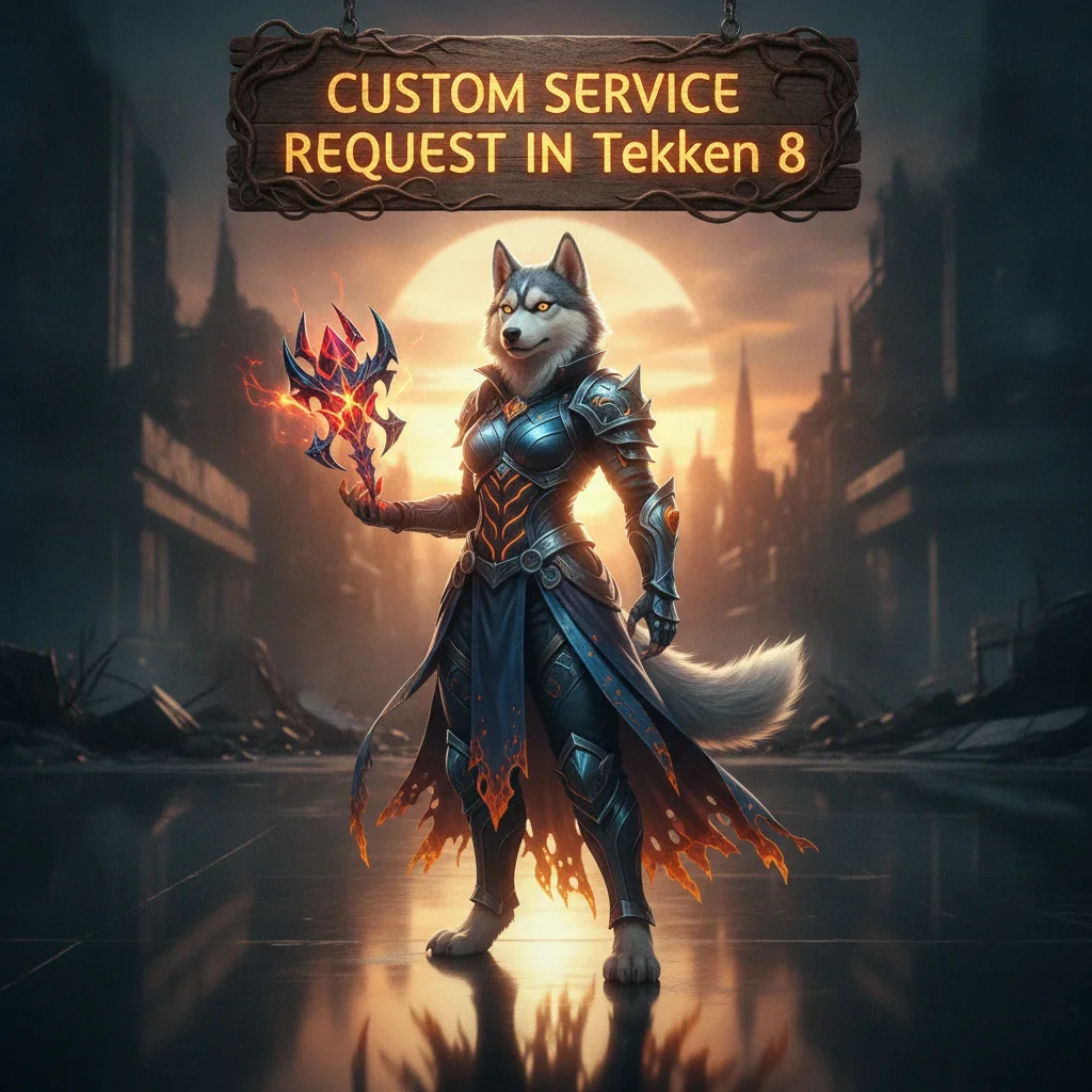 Fantasy artwork featuring an anthropomorphic Husky character, inspired by the theme of a custom service request within Tekken 8's game content.