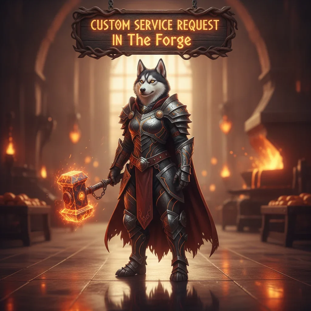 Fantasy game-inspired artwork featuring an anthropomorphic Husky character in the Forge, representing custom service content.