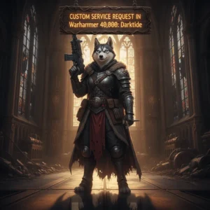 An anthropomorphic husky character in a sci-fi armored outfit, themed around custom service requests in Warhammer 40,000: Darktide.