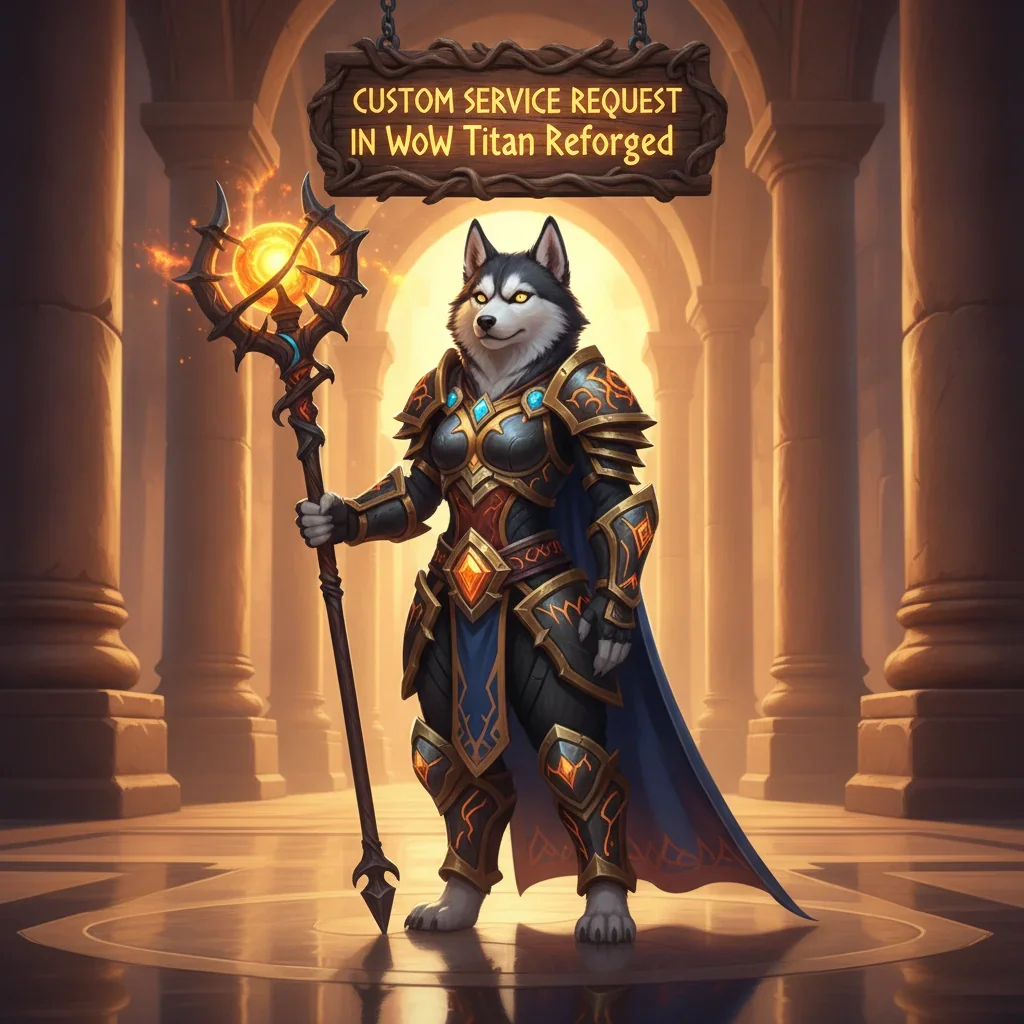 Fantasy artwork featuring an anthropomorphic husky character in an ancient, mystical setting, themed around custom game services in WoW Titan Reforged.
