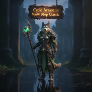 Fantasy artwork of an anthropomorphic Husky in armor, themed around a Cycle Armor Boost in WoW Mists of Pandaria Classic.