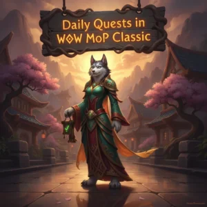 An anthropomorphic husky character in fantasy attire, surrounded by elements reflecting daily quest objectives and rewards in a game setting.