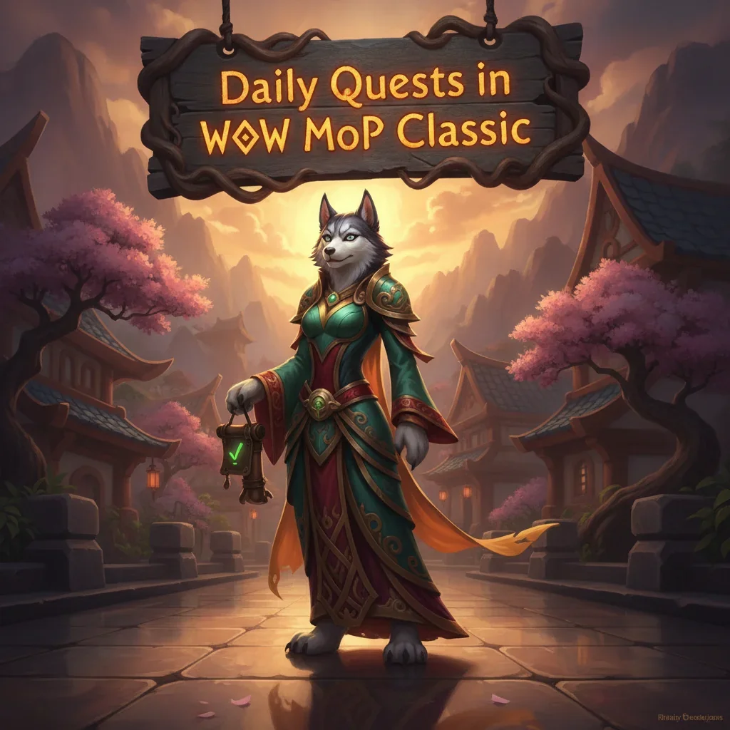 An anthropomorphic husky character in fantasy attire, surrounded by elements reflecting daily quest objectives and rewards in a game setting.