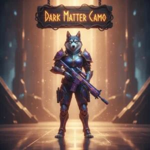 An anthropomorphic Husky character in themed fantasy attire, standing in a mysterious game-inspired environment, representing Dark Matter Camo progression content for Call of Duty Black Ops 6.