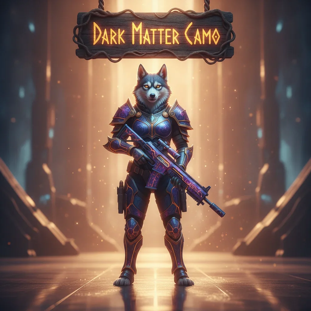 An anthropomorphic Husky character in themed fantasy attire, standing in a mysterious game-inspired environment, representing Dark Matter Camo progression content for Call of Duty Black Ops 6.