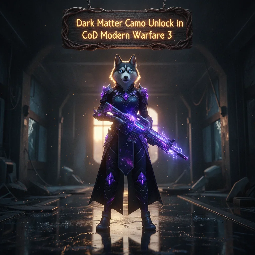 A fantasy-inspired artwork featuring an anthropomorphic Husky character in dark, intricate fantasy armor, representing the challenging objectives for unlocking the Dark Matter Camo cosmetic reward.