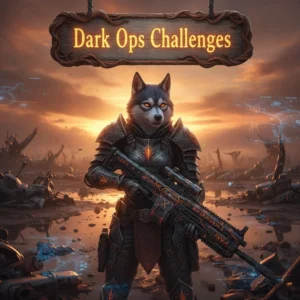 Fantasy artwork showing an anthropomorphic Husky in armored attire, within a stylized dark environment, inspired by Dark Ops Challenges in Call of Duty Black Ops 6.