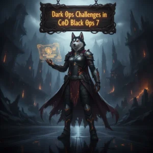 Anthropomorphic Husky in tactical gear, representing Dark Ops challenges and objectives for CoD Black Ops 7. Dark, game-inspired setting.