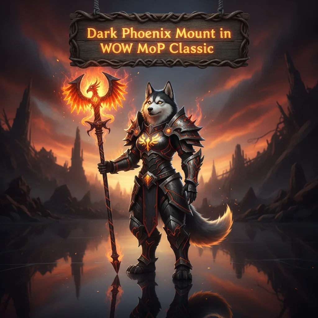 Fantasy artwork of an anthropomorphic husky character in a themed outfit, representing the Dark Phoenix Mount in Mists of Pandaria Classic.