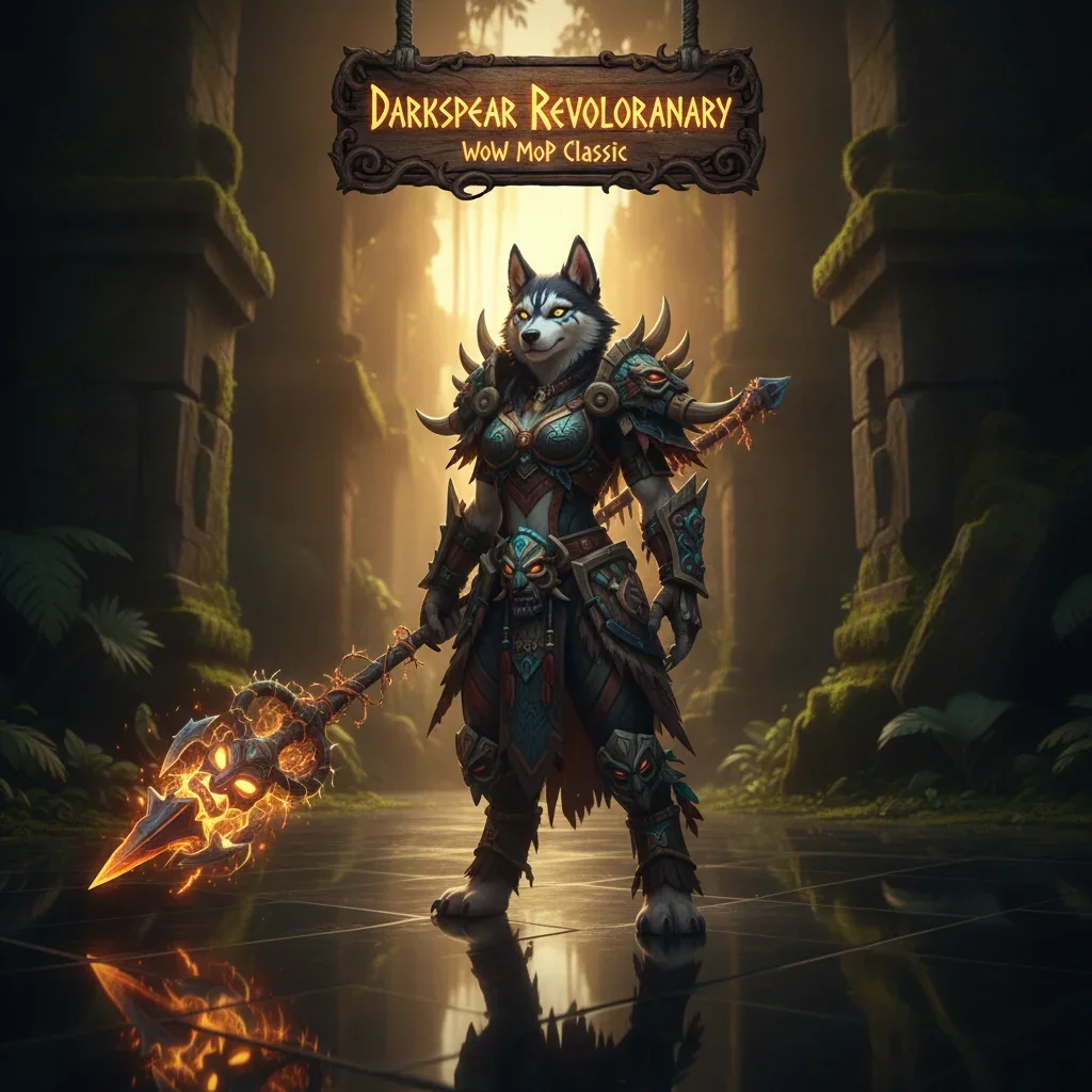 An anthropomorphic Husky character in fantasy armor, representing the Darkspear Revolutionary title theme in World of Warcraft Mists of Pandaria.