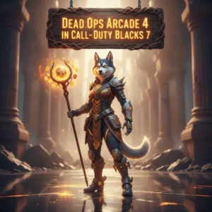 Fantasy artwork featuring an anthropomorphic Husky in armored robes, representing Dead Ops Arcade 4 content in Call of Duty Black Ops 7, set in a mystical game environment.