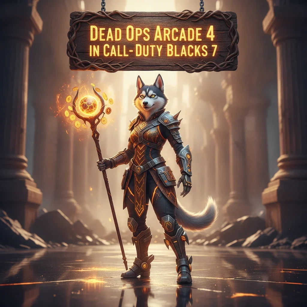 Fantasy artwork featuring an anthropomorphic Husky in armored robes, representing Dead Ops Arcade 4 content in Call of Duty Black Ops 7, set in a mystical game environment.