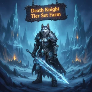 Fantasy artwork of an anthropomorphic husky in dark Death Knight armor, representing tier set acquisition objectives for the WoW Midnight expansion's endgame content.