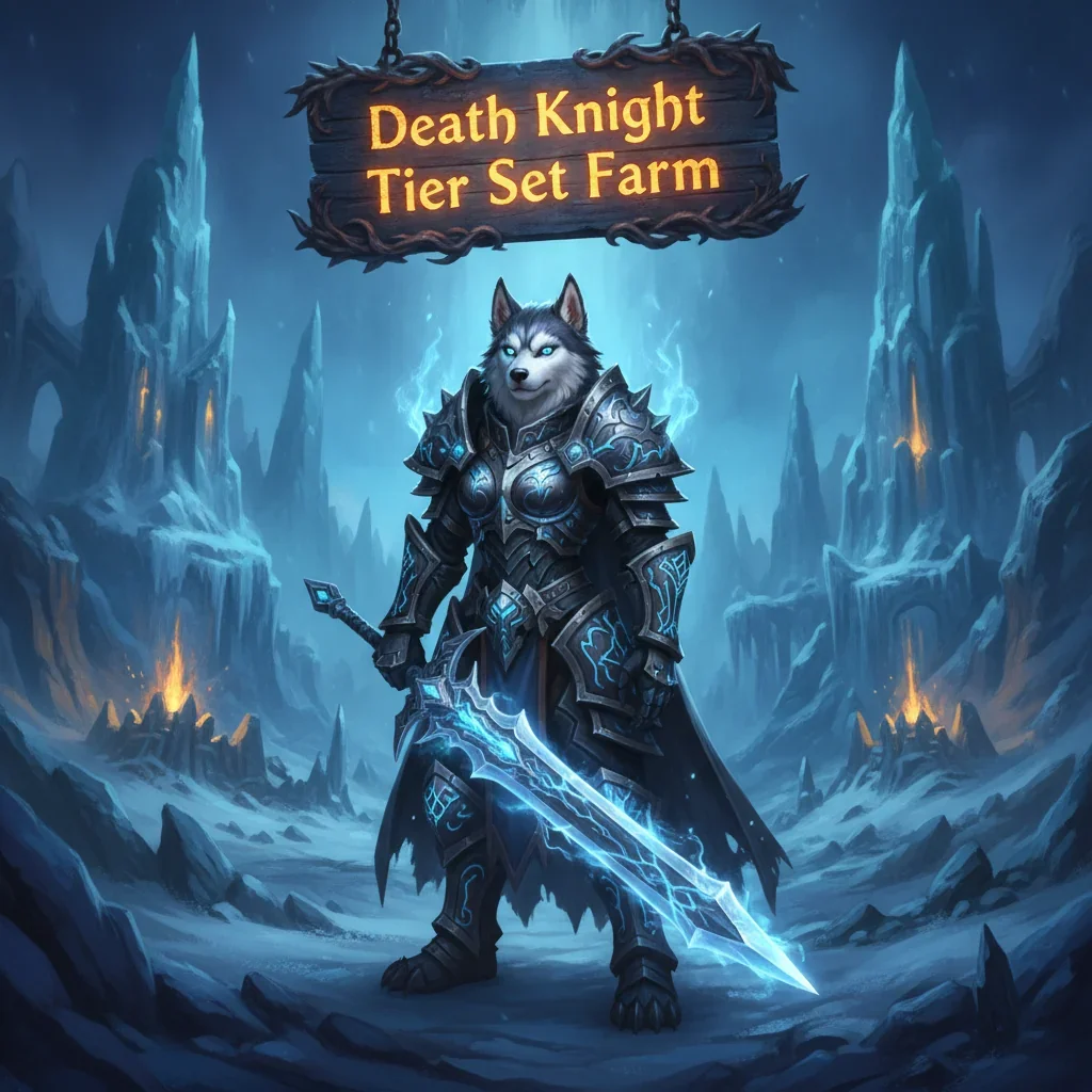 Fantasy artwork of an anthropomorphic husky in dark Death Knight armor, representing tier set acquisition objectives for the WoW Midnight expansion's endgame content.