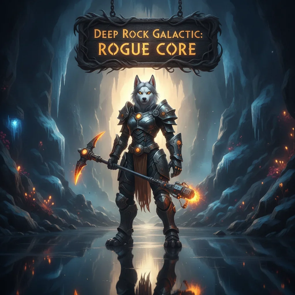 Fantasy artwork featuring an anthropomorphic husky character in a themed outfit, representing Deep Rock Galactic: Rogue Core content.