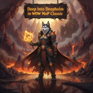 A fantasy game-inspired image featuring an anthropomorphic Husky character in a dynamic pose, set against a backdrop of glowing crystals and earthy caverns, representing Deepholm content.