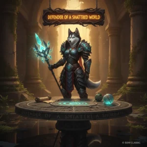 Fantasy artwork of an anthropomorphic Husky character in armor, themed around World of Warcraft Mists of Pandaria Classic content.