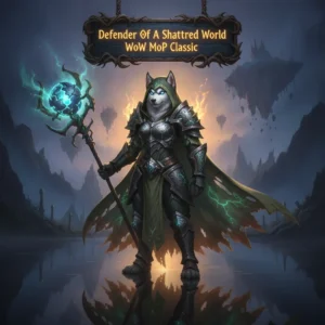 A heroic anthropomorphic husky in full armor, standing amidst the ruins of a shattered world, representing the 'Defender of a Shattered World' title in World of Warcraft Mists of Pandaria Classic.