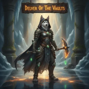 Fantasy artwork featuring an anthropomorphic Husky character, themed around acquiring the Delver of the Vaults title in WoW Mists of Pandaria Classic.