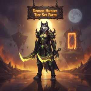 Fantasy artwork of an anthropomorphic husky character in Demon Hunter-inspired armor, representing the objective of farming a tier set in the WoW Midnight game expansion.