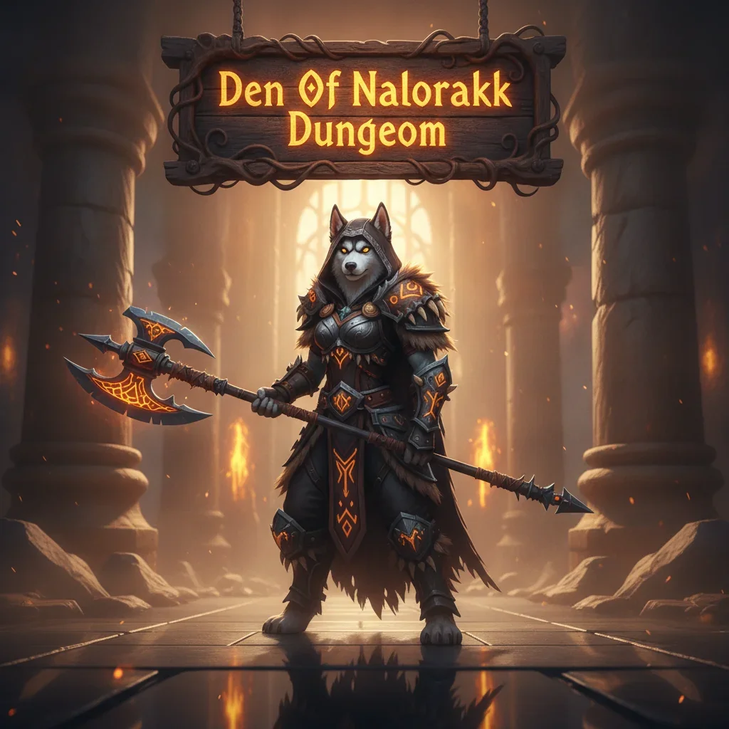 An anthropomorphic Husky character in fantasy clothing. This promotional artwork is themed around Den Of Nalorakk dungeon content and PVE challenges in WoW Midnight.