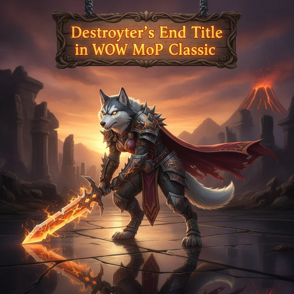 Fantasy artwork of an anthropomorphic Husky character in armor, themed around the Destroyer's End title in WoW Mists of Pandaria Classic.