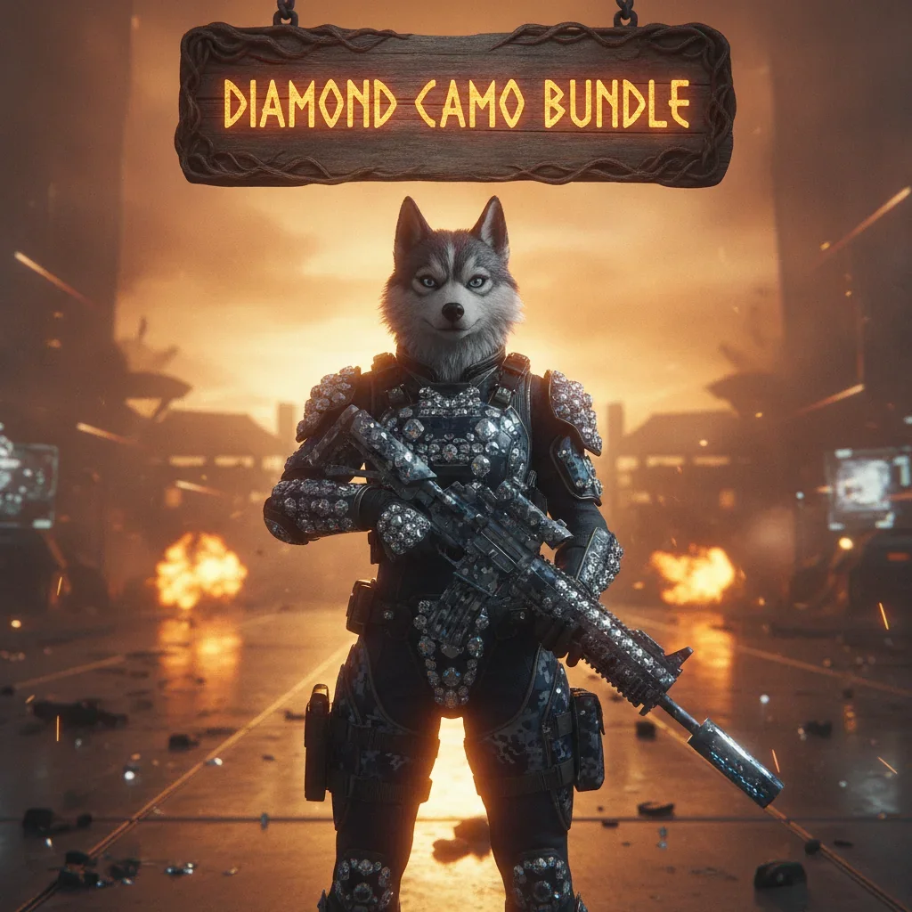 An anthropomorphic husky character in fantasy armor, set in a dynamic game-inspired environment, representing Call of Duty Black Ops 6 Diamond Camo bundle content and unlock objectives.