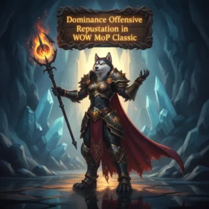 Fantasy artwork featuring an anthropomorphic Husky character, themed around Dominance Offensive reputation content and objectives in WoW Classic.