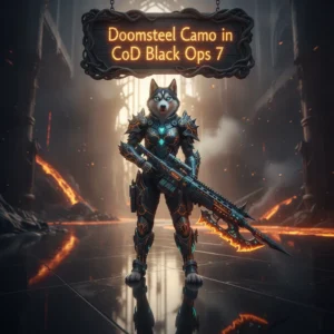 Fantasy artwork depicting an anthropomorphic Husky in futuristic armor, themed around the Doomsteel Camo unlock content for Call of Duty Black Ops 7.