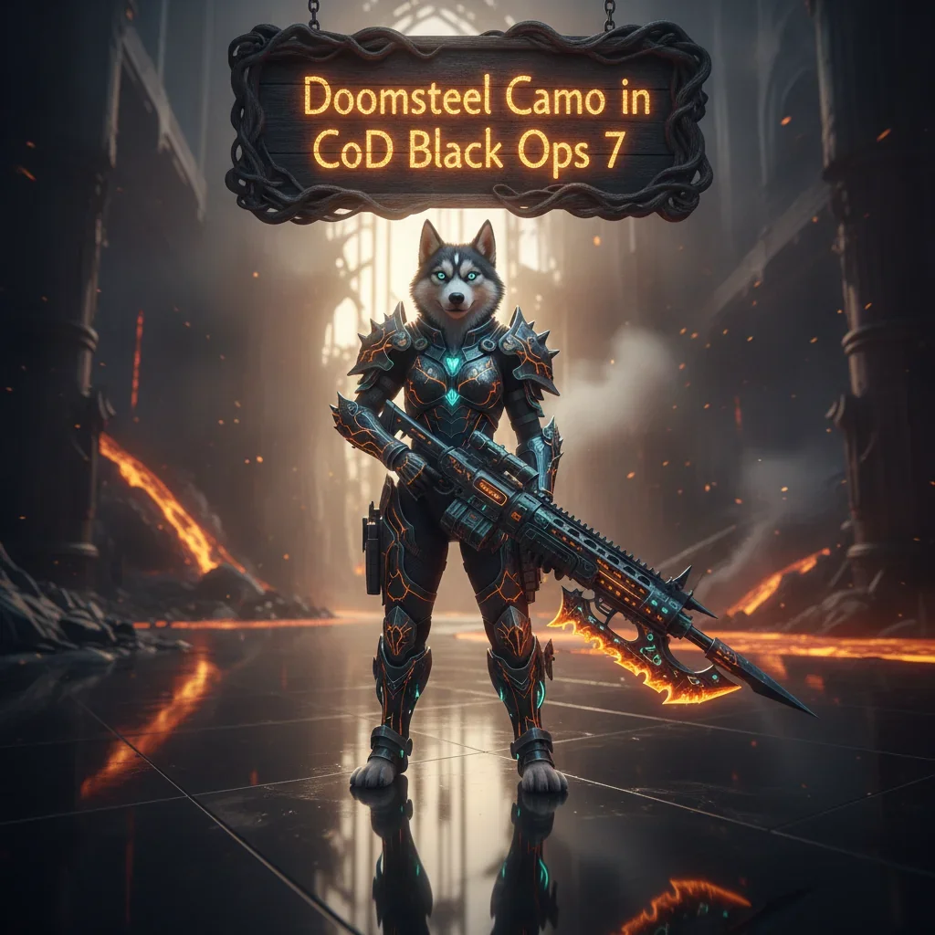 Fantasy artwork depicting an anthropomorphic Husky in futuristic armor, themed around the Doomsteel Camo unlock content for Call of Duty Black Ops 7.