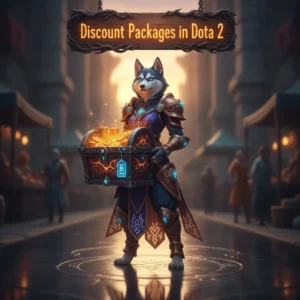 Fantasy game-inspired artwork featuring an anthropomorphic husky character amidst elements related to Dota 2 boosting and discounted packages.