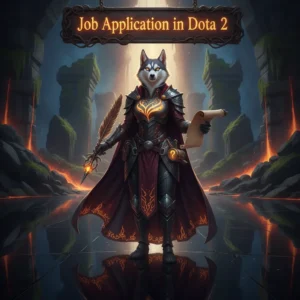 Fantasy artwork featuring an anthropomorphic Husky character, themed around a Dota 2 booster job application.