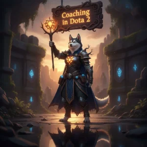 Fantasy artwork featuring an anthropomorphic husky character, inspired by Dota 2 coaching and game improvement.